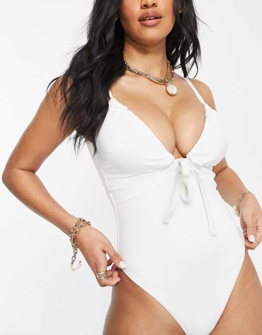 ASOS DESIGN Fuller Bust – Biały kostium kąpielowy z marszczeniem i wiązaniem 
