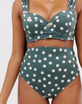 ASOS DESIGN – Fuller Bust – Bikinihose mit hohem Bund in Khaki mit Punkteprint-Mehrfarbig