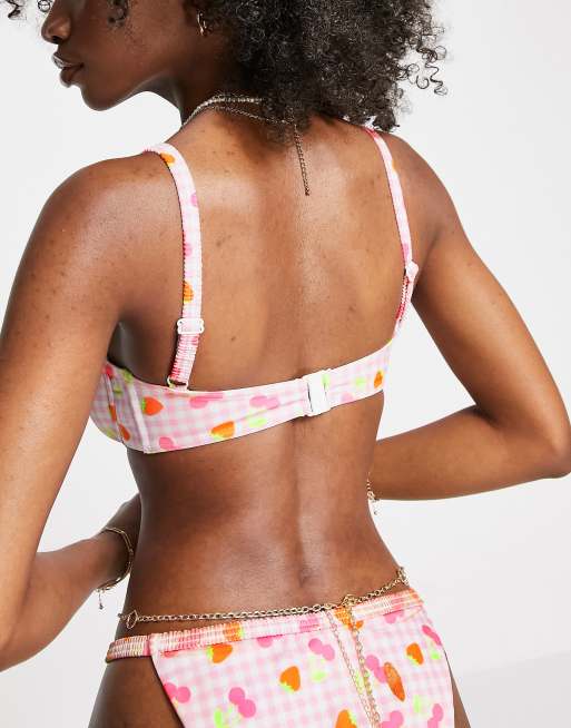 ASOS DESIGN Fuller Bust - Bikinitop med bøjle i neonfarvet gingham med frugtprint, 2 af 4