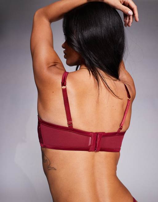 ASOS DESIGN Fuller Bust Birdie lace & mesh underwire balcony bra with satin binding and hardware details in mulberry, 3 of 4