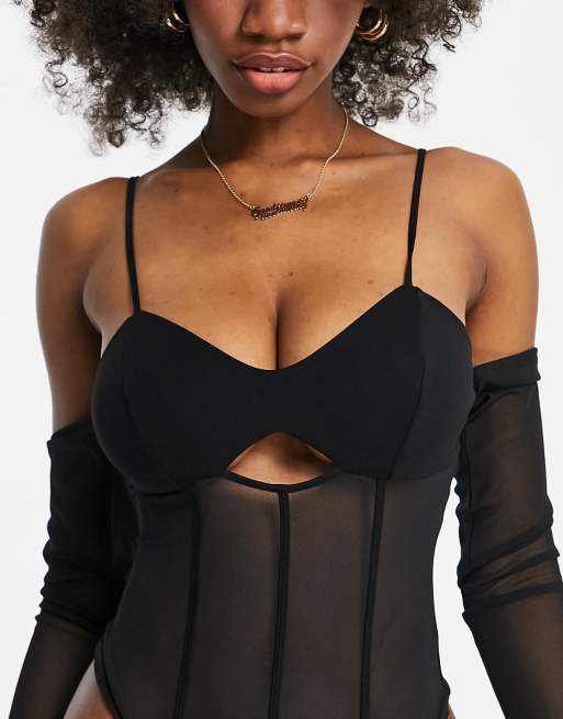 ASOS DESIGN Fuller Bust bralet bodysuit with corset details and mesh sleeve