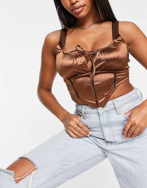 ASOS DESIGN Fuller Bust - Brun korset-top i satin med bindedetalje