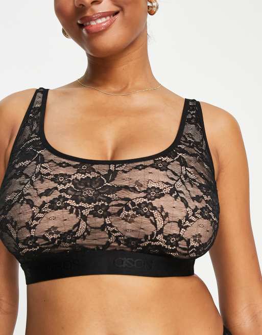 ASOS DESIGN Fuller Bust - Caris - Sort BH i blondestof med dyb udskæring og elastikbånd med logo, 2 af 4