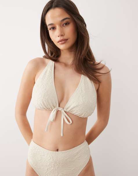 ASOS DESIGN Fuller Bust Cassi Seychelles high apex triangle bikini top in champagne - view 1