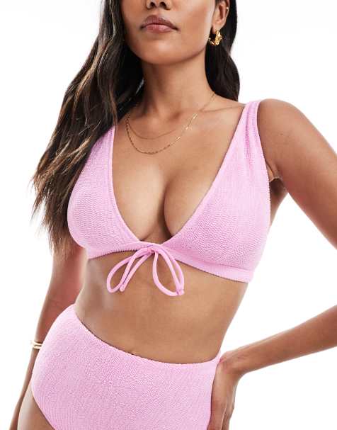 ASOS DESIGN Fuller Bust Charlene textured high apex bikini top in light pink - view 1