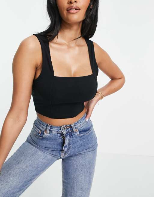 Black Cotton Square Neck Crop Vest