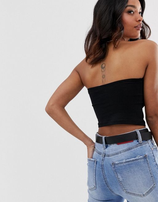 ASOS DESIGN Fuller Bust crop top with high neck and skinny straps