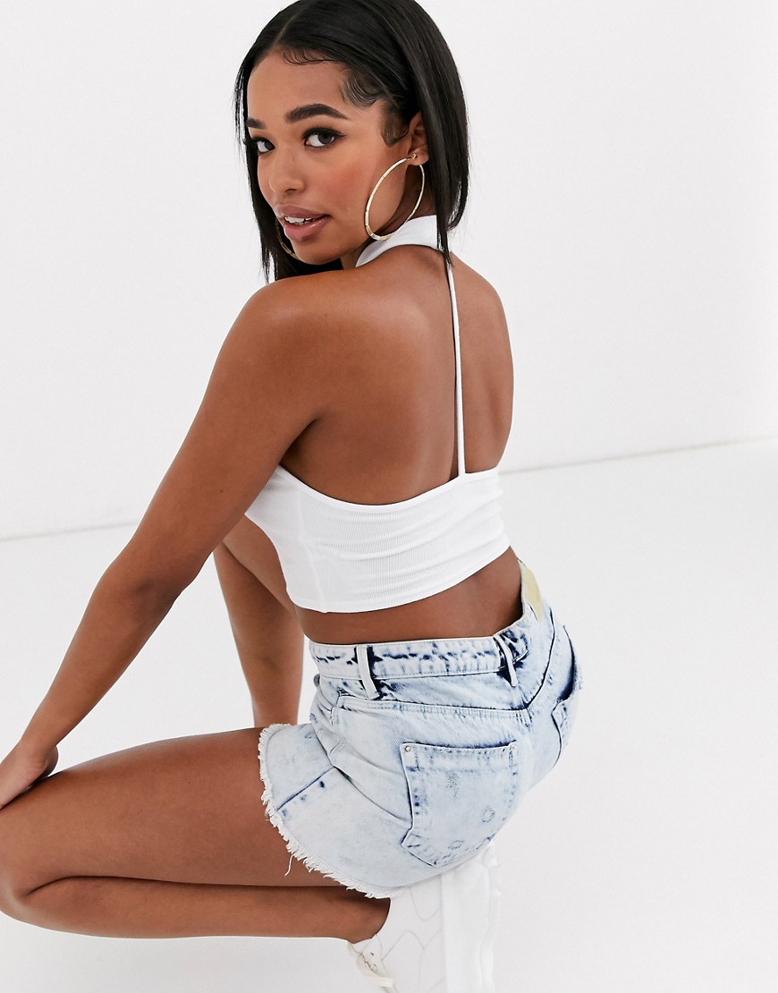 ASOS DESIGN Fuller bust crop top with high neck and open back in white