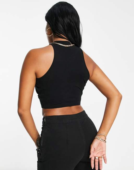 ASOS DESIGN Fuller Bust crop top with high neck and skinny straps in black