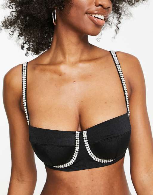 ASOS DESIGN Fuller Bust diamante underwire embellished slinky bikini top in  black