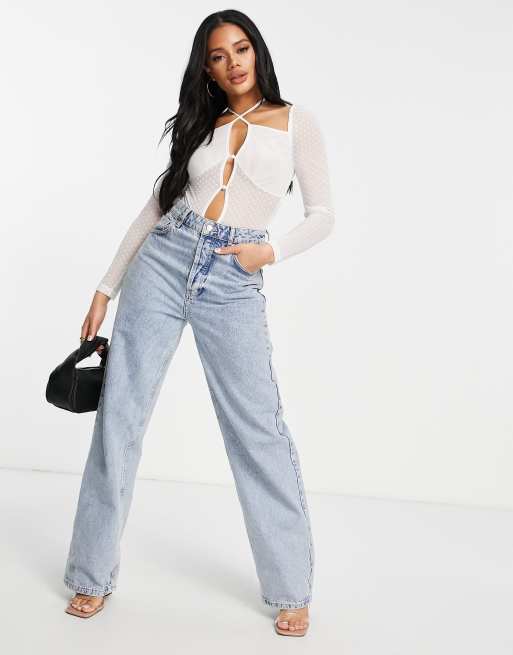 ASOS DESIGN Fuller Bust dobby mesh cold shoulder bodysuit in white, 3 of 4
