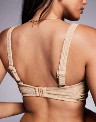 Asos Design Fuller Bust Eloise Textured Crop Bikini Top With Raffia Trim In Nude