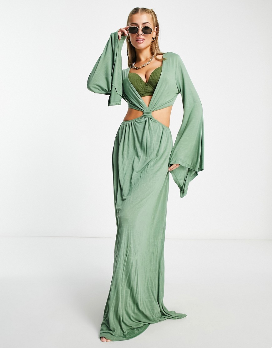 ASOS DESIGN Fuller bust exaggerated sleeve cut out waist maxi beach dress in khaki-Green