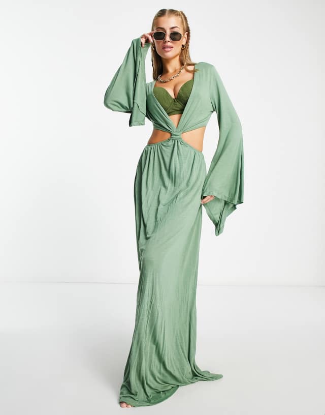 ASOS DESIGN Fuller bust exaggerated sleeve cut out waist maxi beach dress in khaki