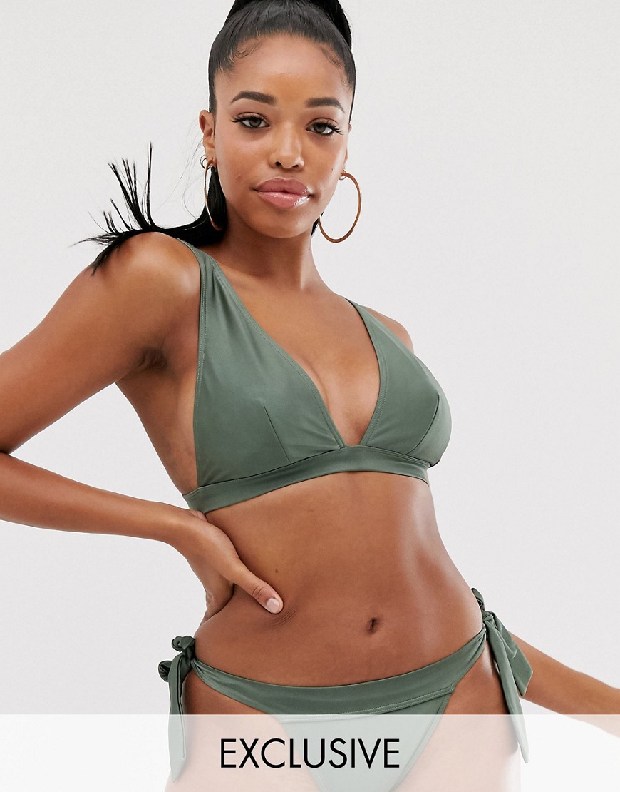ASOS DESIGN fuller bust exclusive deep plunge bikini top in shiny khaki dd-g-Green
