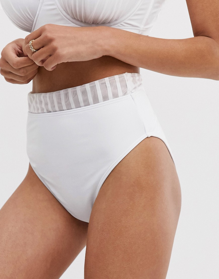 ASOS DESIGN fuller bust exclusive high waist bikini bottom in white stripe mesh