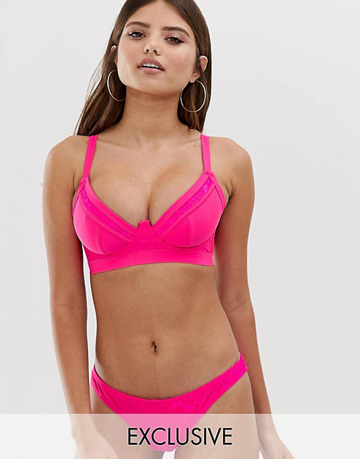 ASOS DESIGN fuller bust exclusive lace insert hipster bikini bottom in neon pink
