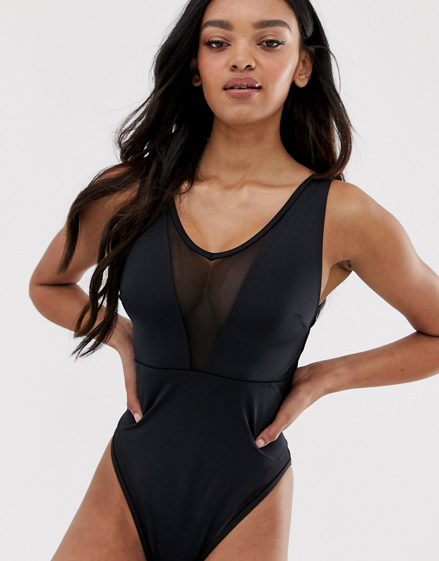ASOS DESIGN fuller bust exclusive mesh insert swimsuit in black dd-g