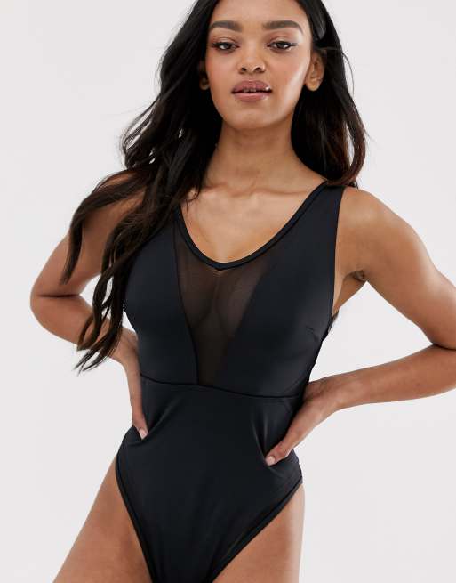 ASOS DESIGN fuller bust exclusive mesh insert swimsuit in black dd g