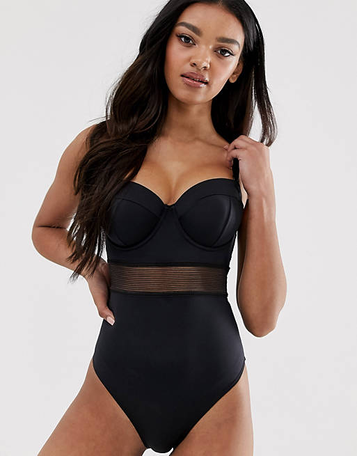 ASOS DESIGN fuller bust exclusive mesh insert underwire swimsuit in black dd-g 