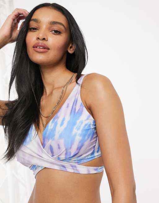 ASOS DESIGN Fuller Bust Exclusive underwire wrap over bikini top in tie-dye print
