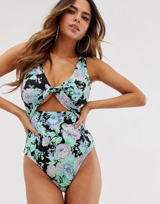 ASOS DESIGN – Fuller Bust – Exklusiver Badeanzug mit gedrehter Vorderseite und glänzendem Blumenmuster-Mehrfarbig