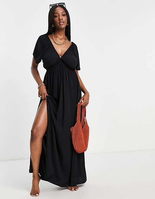 ASOS DESIGN Fuller bust flutter sleeve maxi beach dress in black