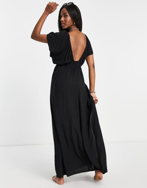 ASOS DESIGN Fuller bust flutter sleeve maxi beach dress in black