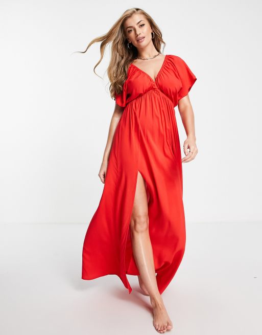 ASOS DESIGN Fuller Bust flutter sleeve maxi beach dress in red RED ASOS