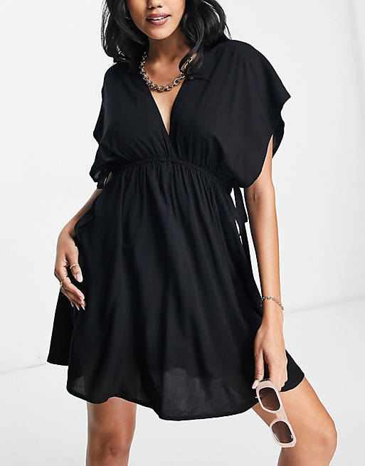ASOS DESIGN Fuller bust flutter sleeve mini beach dress with channelled tie  waist in black