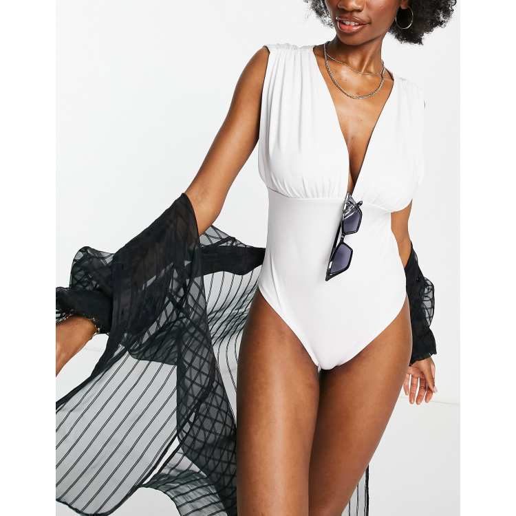 ASOS DESIGN gathered plunge swimsuit in black