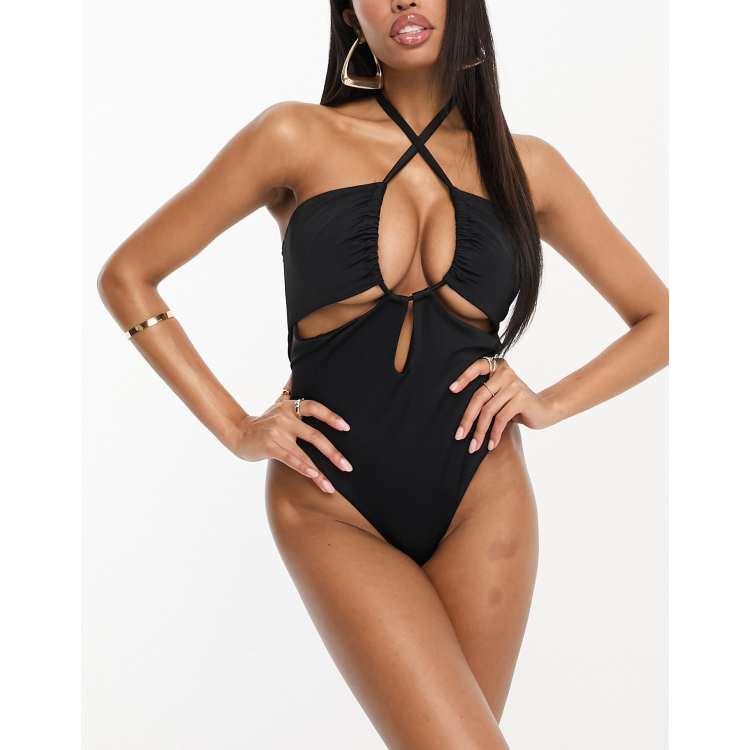 ASOS DESIGN Fuller Bust gathered ruche cut out swimsuit in black