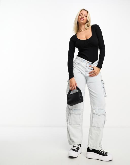 ASOS DESIGN – Fuller Bust – Gerippter, langärmliger Body in Schwarz mit Nähten am Dekolleté, 3 von 4