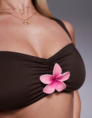 Asos Design Fuller Bust Hallie Bikini Top With Plumeria Resin Trim-multi In Brown