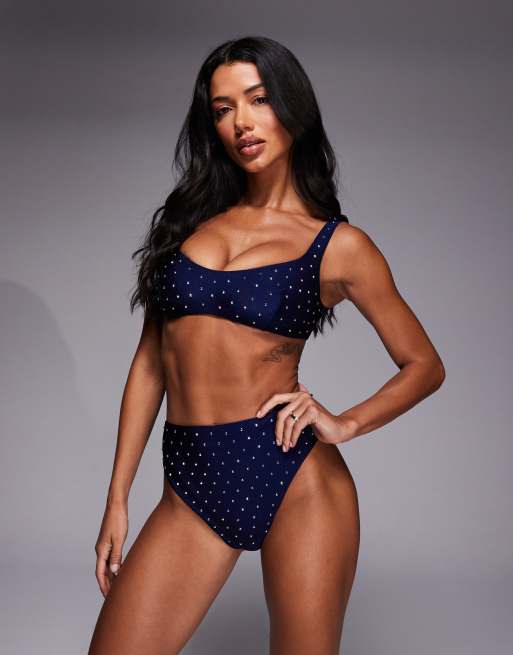 ASOS DESIGN Fuller Bust - Harmony - Cropped marineblå bikinitop med hotfix-udsmykninger og metaldetalje, 4 af 4