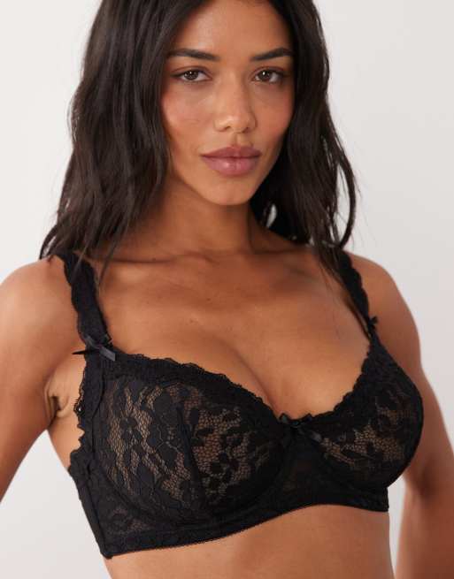 ASOS DESIGN Fuller Bust - Hazel - Sort BH i blondestof med bøjle og blondekant, 3 af 4