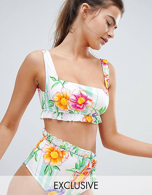 ASOS DESIGN FULLER BUST Hidden Underwire Floral Stripe Frill Square Neck Crop Bikini Top DD-G
