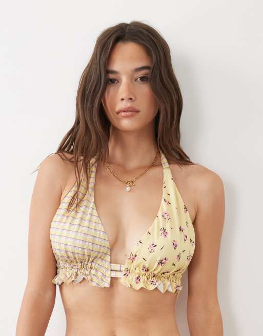 ASOS DESIGN Fuller Bust Imogen check high apex triangle bikini top in yellow check, 3 of 4