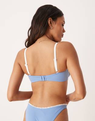 Asos Design Fuller Bust Imogen Dusky Blue With White Frill Underwired Bikini Top