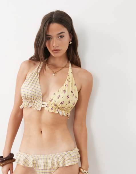 ASOS DESIGN Fuller Bust Imogen geruite triangle bikinitop met hoge apex in geel - view 1