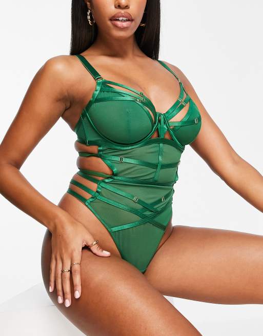 ASOS DESIGN Fuller Bust Ivana sexy strapping bodysuit in green