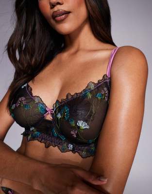 Asos Design Fuller Bust Jamie Floral Embroidered Underwire Bra With Satin Binding In Black