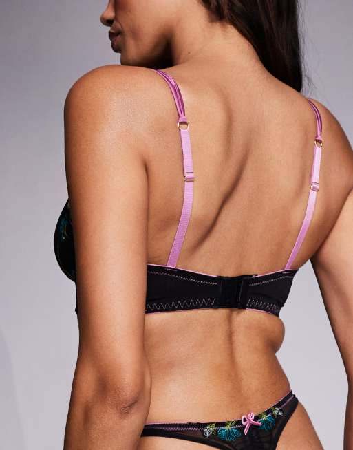 ASOS DESIGN Fuller Bust Jamie floral embroidered underwire bra with satin binding in black & pink, 4 of 4