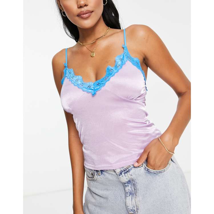 Women's Lace Trim Satin Cami Top in Charcoal Grey