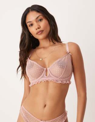 ASOS DESIGN - Fuller Bust - Jessie - Bügel-BH aus Netzstoff in Staubrosa mit Punkt-Stickereien und Rüschen-Keine Farbe