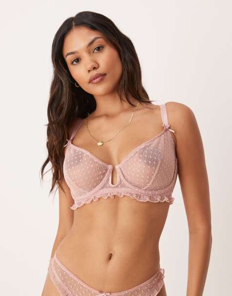 ASOS DESIGN Fuller Bust – Jessie – Szaroróżowy biustonosz z falbanką i fiszbinami w haftowany wzór w kropeczki - view 1