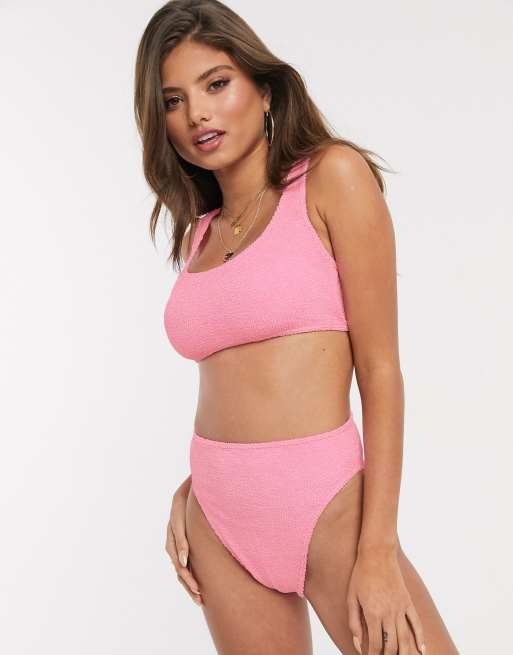ASOS DESIGN – Fuller Bust – Kurzes, gerafftes Mix & Match Bikinioberteil in Puppenrosa – Größen E bis F
