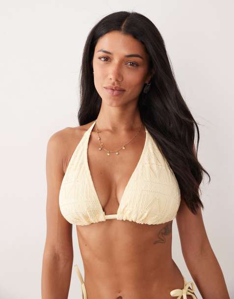 ASOS DESIGN Fuller Bust Kyle broderie Seychelles high apex triangle bikini top in buttermilk - view 1