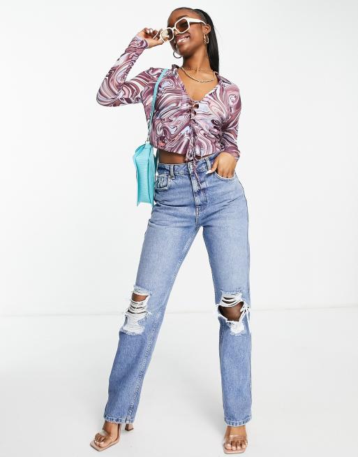 ASOS DESIGN Fuller Bust lace up shirt in purple marble print