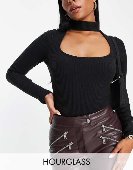 ASOS DESIGN - Fuller Bust - Langærmet bodystocking med chokerhals i sort